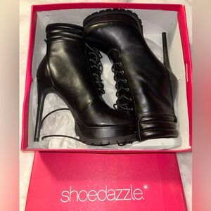 ShoeDazzle Dina Black Platform Lace-Up Stiletto Booties Size 9.5